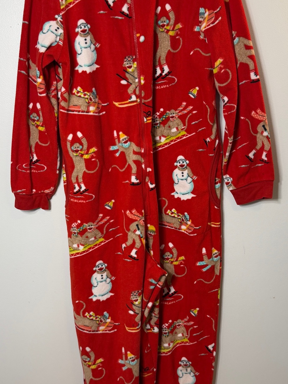 Nick & Nora sock monkey Christmas one piece red fleece large GUC holiday pjs